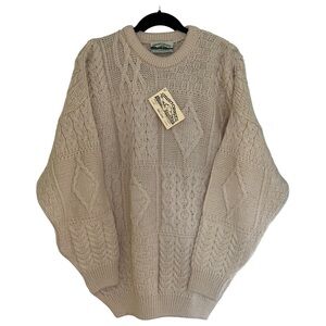 Aran Crafts Cream Cable-Knit Crewneck Irish 100% Wool Sweater Size XL SMALLFLAW